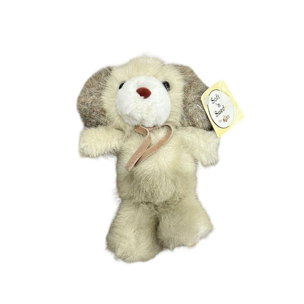 7” Vtg RUSS BERRIE PLUSH STUFFED DUNHILL TAN BEIGE Soft N Suede PUPPY NO.326